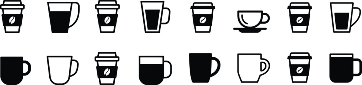 Selection of coffee cup and mug icons showcasing takeout containers and ceramic drinkware in various solid and outline graphic styles for cafe branding.