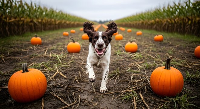Happy spaniel dog running through a pumpkin patch