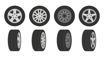 Set of car wheels and tires in front and perspective views © Alan