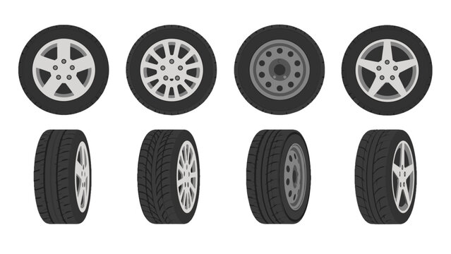 Set of car wheels and tires in front and perspective views