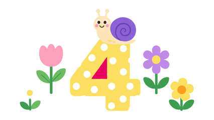Cute number four with snail and colorful flowers illustration © Alan