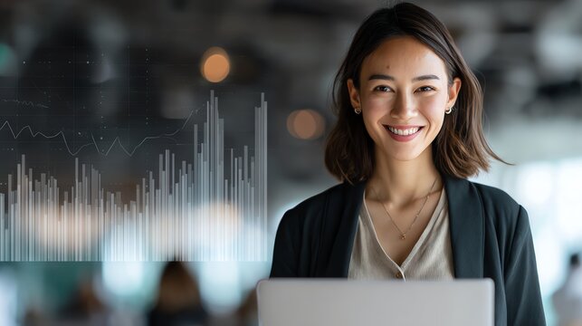 Data Analytics concept, Data Annotation, Data Analysis, Smile businessman use laptop analyzing data for competitor benchmarking and market positioning