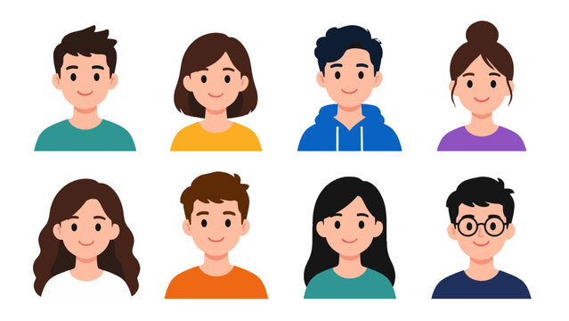 Set of eight smiling young people avatar portraits