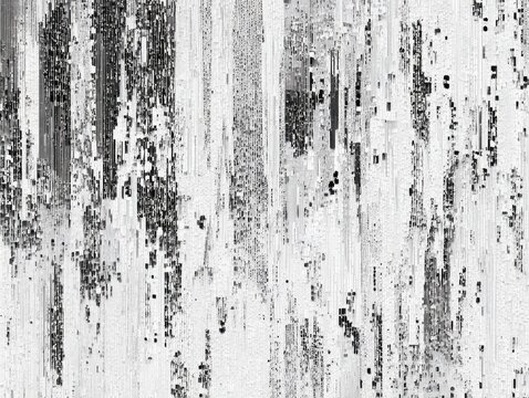 Abstract digital glitch art, fragmented monochromatic vertical lines and noise patterns