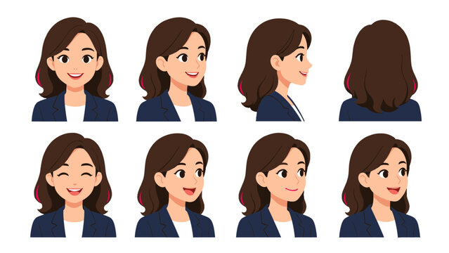 Businesswoman character set with multiple head angles and expressions