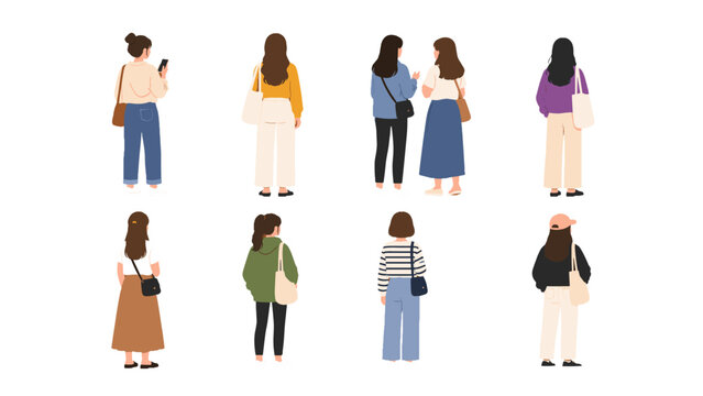 Back view set of casually dressed women standing figures