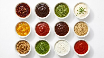 Assorted gourmet sauces and condiments in white bowls, collection of 12 colorful dips and dressings, top view of food flavorings on white background
