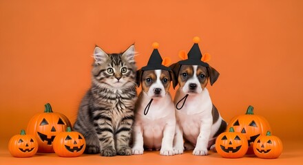 Fototapeta premium Cute kitten and two puppies wearing witch hats sitting with pumpkins