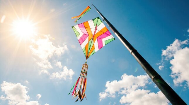 Colorful diamond kite flying high against a bright summer sky