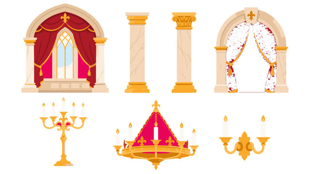 Ornate palace interior elements with arches columns and chandeliers