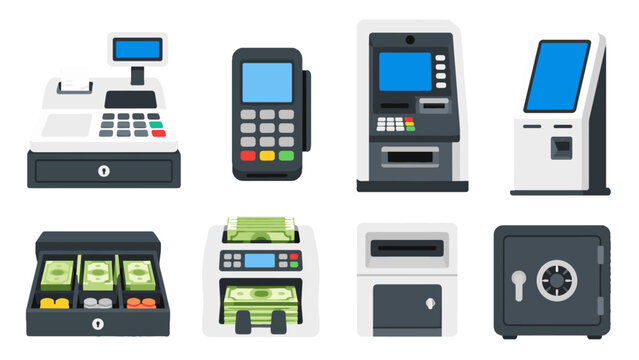 Set of payment terminal cash register ATM kiosk and safe icons