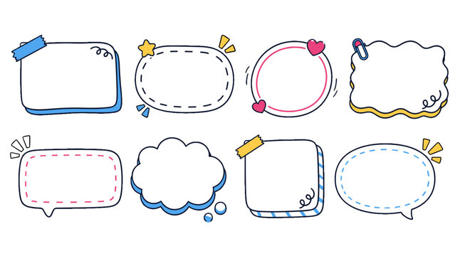 Hand drawn colorful doodle speech and note frame set