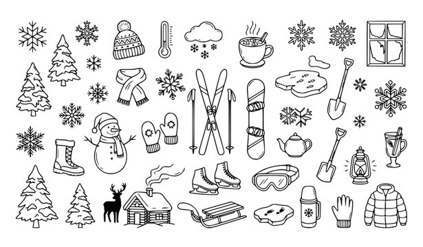 Winter Season, Outdoor Activities, and Cold Weather Line Icon Set Featuring Snowman, Skis, Snowboard, Ice Skates, Sled, Warm Clothes, and Cozy Cabin Symbols for Seasonal Holiday Layouts