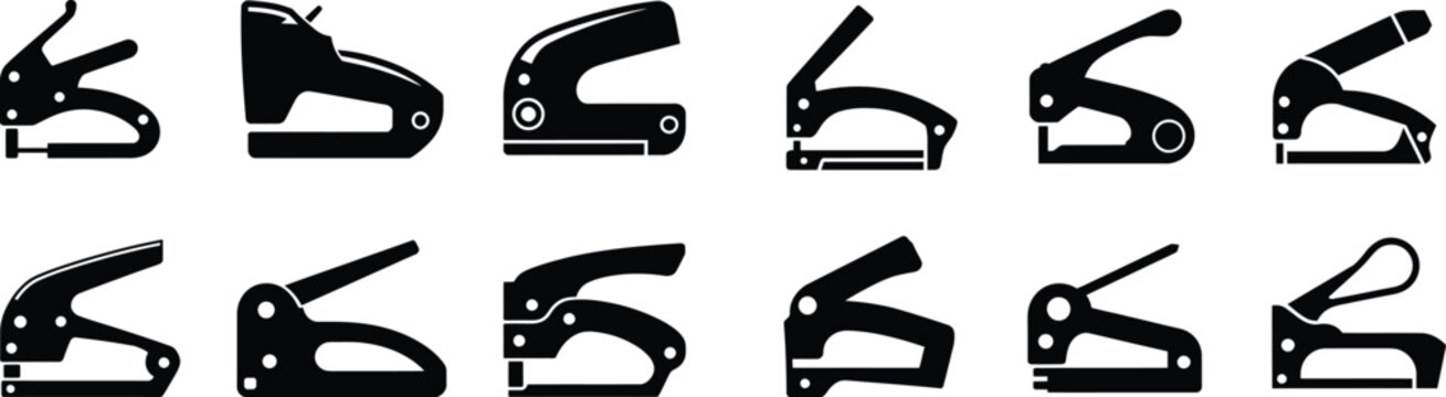 Set of different stapler vector icons. collection of black silhouette staplers. modern and classic design staple guns illustrations.