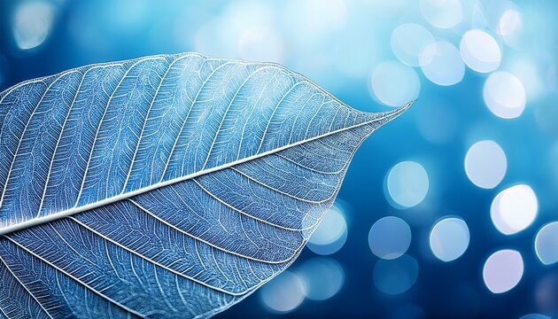 beautiful white skeletonized leaf on light blue background with round bokeh transparent skeleton leaf skeleton leaves on blurred background closeup