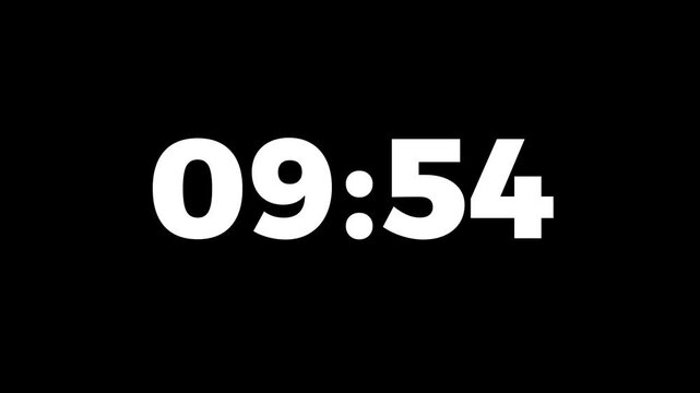 Abstract 10 minute to 9 minute countdown animation from 600 seconds to 540 seconds on a black background.ten minute to nine minute countdown timer.