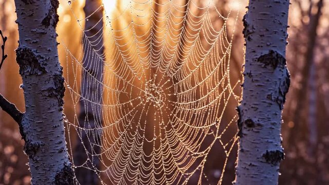 A delicate spider web hangs between two white tree trunks