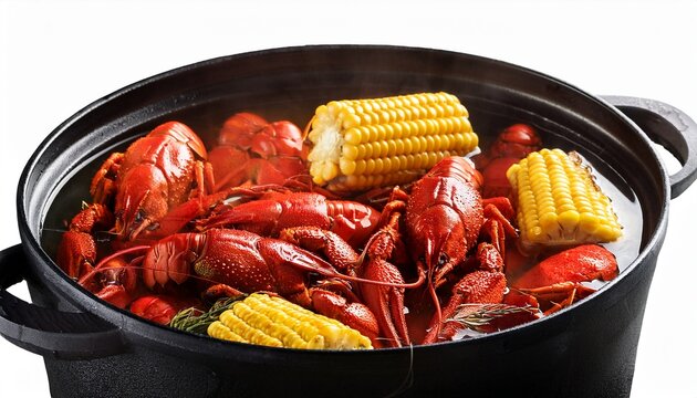 crawfish boil with corn in a black pot