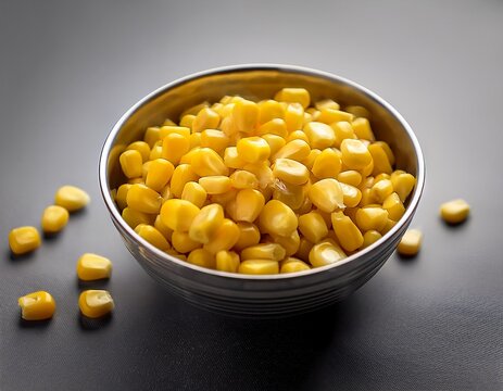 bowl and canned corn on a grey background canned corn on a gray background canned corn closeup canned corn with copy space canned corn corn on a bowl closeup