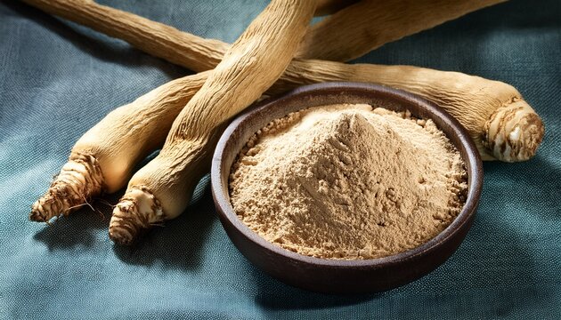 organic maca root powder and fresh roots on rustic fabric surface