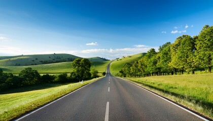 Fototapeta premium long empty road stretches into distance surrounded by lush green trees and rolling hills under clear blue sky serene landscape evokes sense of calm and adventure