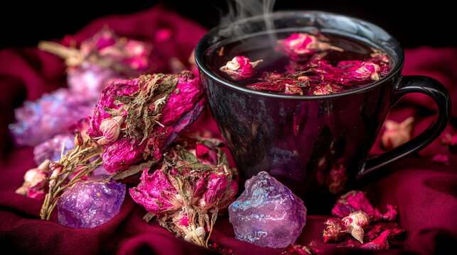 Steaming cup of herbal rose tea with dried flowers and crystals on velvet, tea time