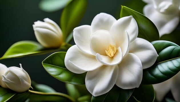 gardenia flower closeup of elegant white blossom with green leaves