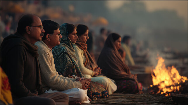 Indian family sitting in prayer near Hindu funeral fire, respectful riverside farewell ritual, warm firelight, smoke haze, mourning ceremony, spiritual heritage and documentary rea