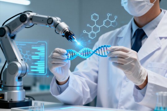 Scientist with robotic arm and DNA model