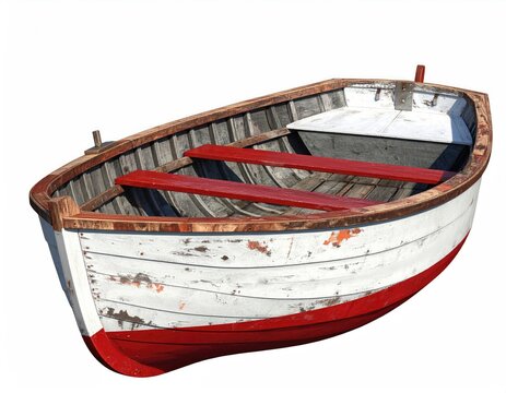 A weathered, small wooden rowboat with red accents on a white background