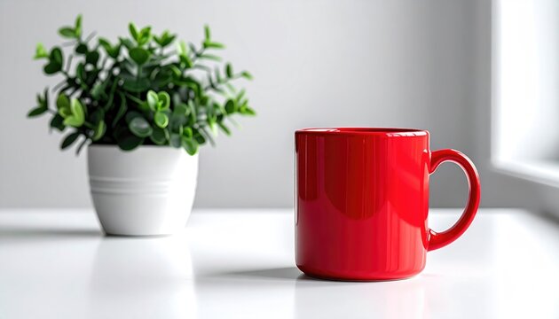 Red mug and green plant on white surface with soft background