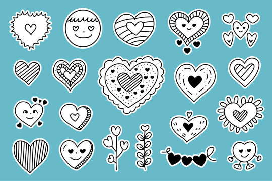 Cute Hand Drawn Heart Sticker Collection Flat Doodle Illustration Set with Love Symbols Romantic Shapes and Kawaii Valentine Design Elements