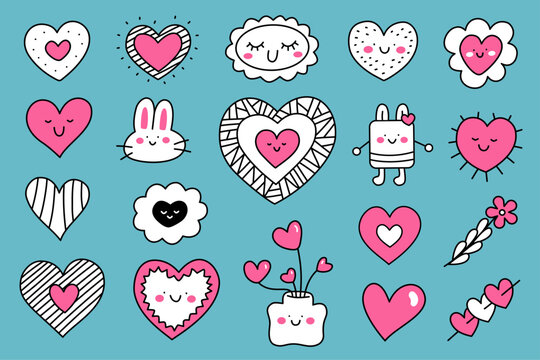 Cute Pink Heart Doodle Sticker Collection Hand Drawn Kawaii Love Icons and Valentine Cartoon Elements Set