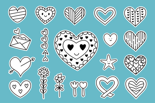 Cute Black and White Heart Sticker Collection Hand Drawn Doodle Love Icons and Valentine Decorative Elements Set
