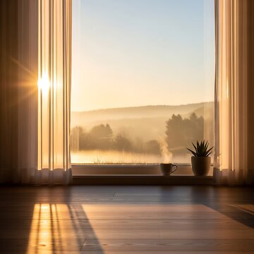 Sunlit morning through sheer curtains, with steaming coffee and a plant, overlooking misty hills