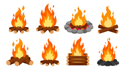 Naklejka na ściany i meble Set of campfire icons with flames logs and stone fire pits