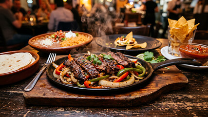 Fototapeta premium Grilled steak with vegetables and sides served on wooden table in cozy restaurant setting