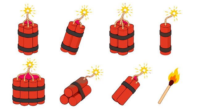 Set of red dynamite bundles with burning fuses and match