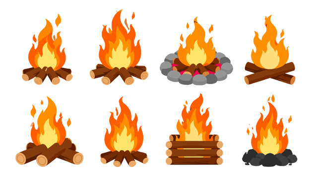 Set of campfire icons with flames logs and stone fire pits