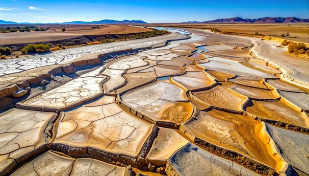 Aerial view of colorful desert badlands with winding river.