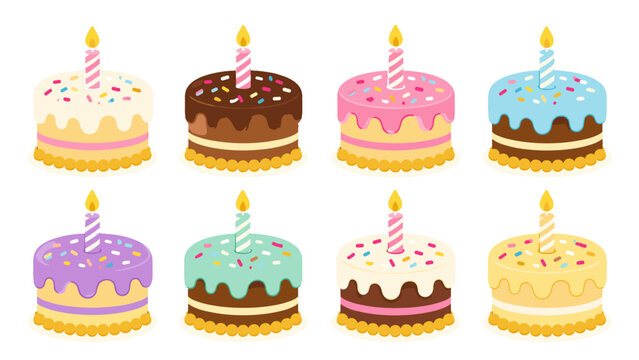 Set of colorful birthday cakes with candles and icing