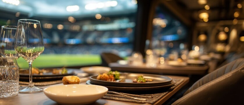 Elegant dining setup overlooking a brightly lit sports stadium