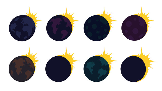 Set of stylized solar eclipse and planet icons on white