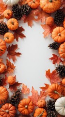 Fototapeta premium Autumn bounty border of pumpkins, pinecones, and vibrant leaves