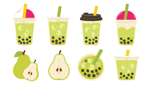 Set of green bubble tea cups with pear fruit illustrations