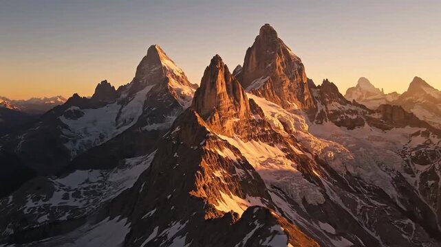 Digital glitch effect corrupts majestic snow-capped mountains at golden hour sunset