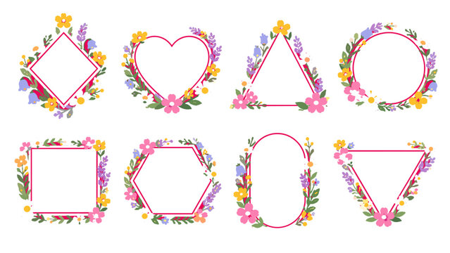 Set of floral geometric frames with colorful flower borders