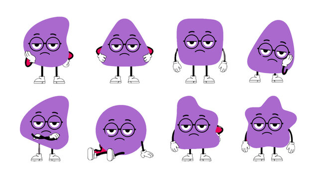 Set of purple cartoon shape characters with bored expressions