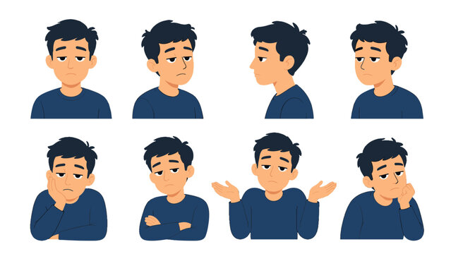 Cartoon man with bored and indifferent expressions set