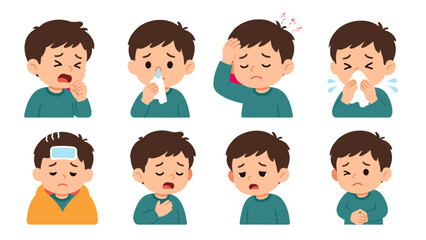 Cartoon boy showing cold and flu symptoms set © Alan